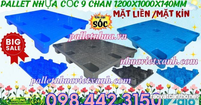 Pallet nhựa cốc 9 chân mặt liền 1200x1000x140mm