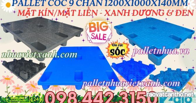 Pallet nhựa cốc 9 chân mặt liền 1200x1000x140mm