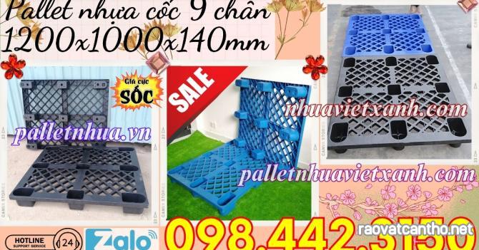 Pallet nhựa cốc 9 chân mặt lưới 1200x1000x140mm