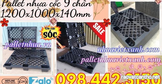 Pallet nhựa cốc 9 chân màu đen - KT 1200x1000x140mm