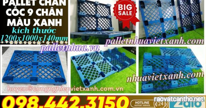 Pallet nhựa cốc 9 chân màu xanh - KT 1200x1000x140mm