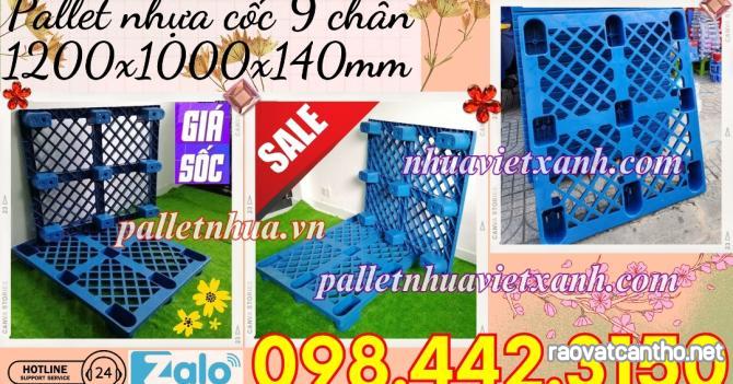 Pallet nhựa cốc 9 chân màu xanh - KT 1200x1000x140mm