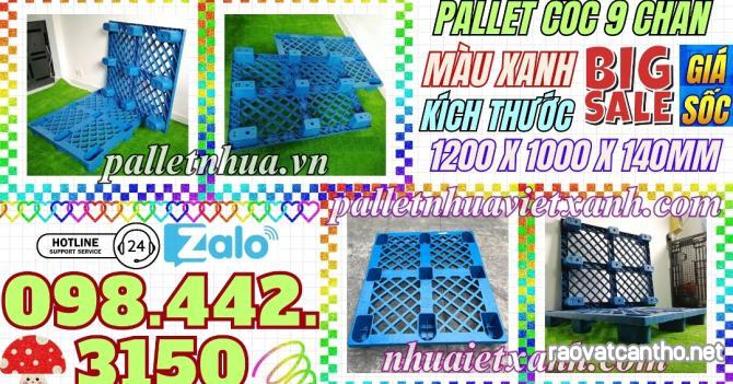 Pallet nhựa cốc 9 chân màu xanh - KT 1200x1000x140mm