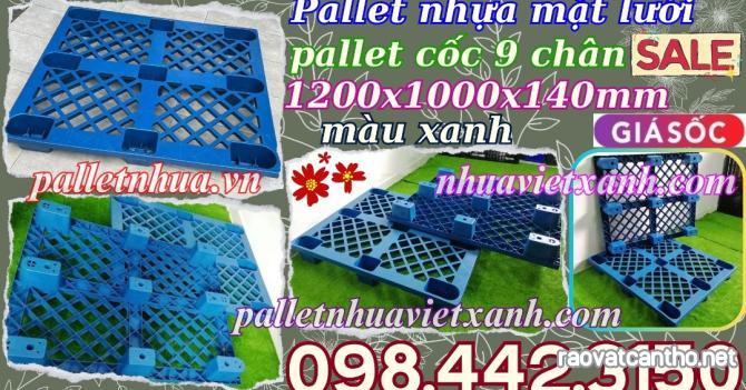 Pallet nhựa cốc 9 chân màu xanh - KT 1200x1000x140mm