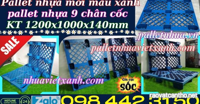 Pallet nhựa cốc 9 chân màu xanh - KT 1200x1000x140mm