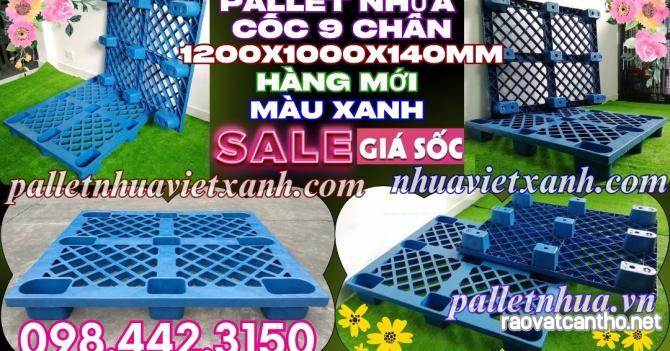 Pallet nhựa cốc 9 chân màu xanh - KT 1200x1000x140mm