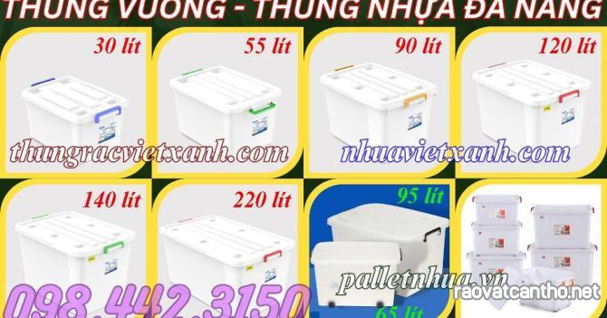 Thùng nhựa vuông đa năng có bánh xe dung tích 30 lít đến 220 lít