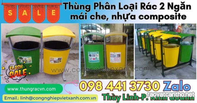 Thùng phân loại rác 2 ngăn mái che composite 80 lít 