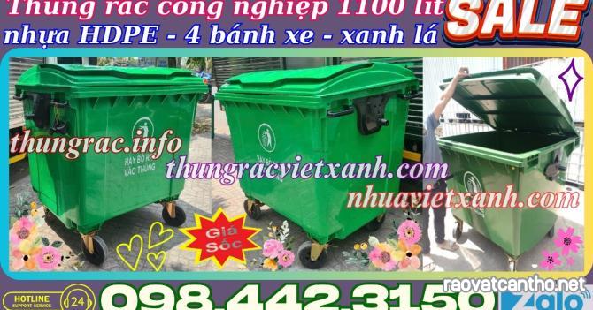 Thùng rác 1100 lít nhựa HDPE - 4 bánh xe - màu xanh lá