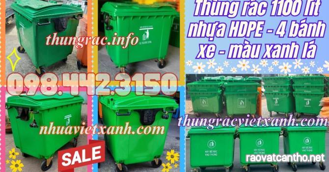 Thùng rác 1100 lít nhựa HDPE - 4 bánh xe - màu xanh lá