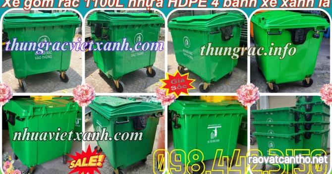 Thùng rác 1100 lít nhựa HDPE - 4 bánh xe - màu xanh lá