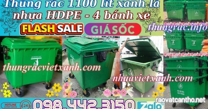 Thùng rác 1100 lít nhựa HDPE - 4 bánh xe - màu xanh lá