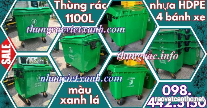 Thùng rác 1100 lít nhựa HDPE - 4 bánh xe - màu xanh lá