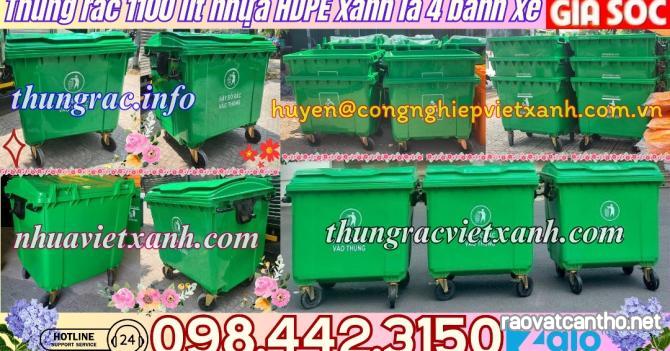 Thùng rác 1100 lít nhựa HDPE - 4 bánh xe - màu xanh lá