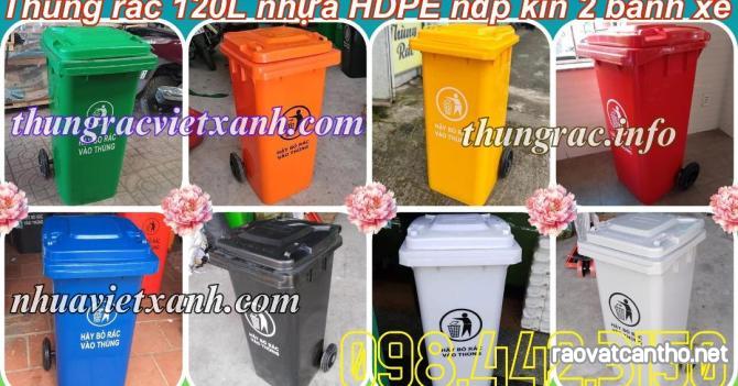 Thùng rác 120L nắp kín nhựa HDPE 2 bánh xe - nhiều màu sắc