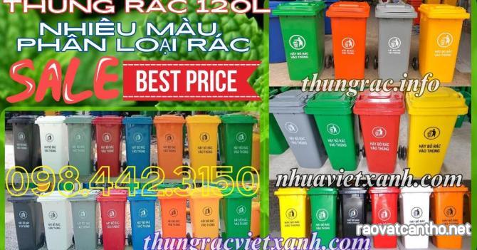 Thùng rác 120L nắp kín nhựa HDPE 2 bánh xe - nhiều màu sắc