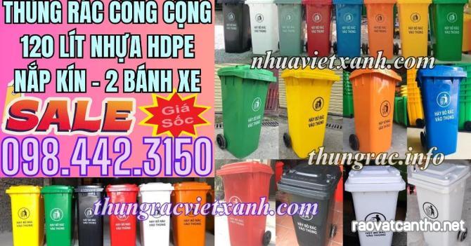 Thùng rác 120L nắp kín nhựa HDPE 2 bánh xe - nhiều màu sắc