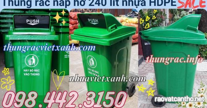 Thùng rác 240 lít nắp hở - nhựa HDPE - 2 bánh xe