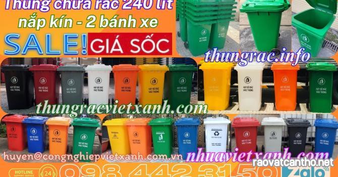 Thùng rác 240 lít nắp kín nhựa HDPE 2 bánh xe - nhiều màu sắc phân loại rác