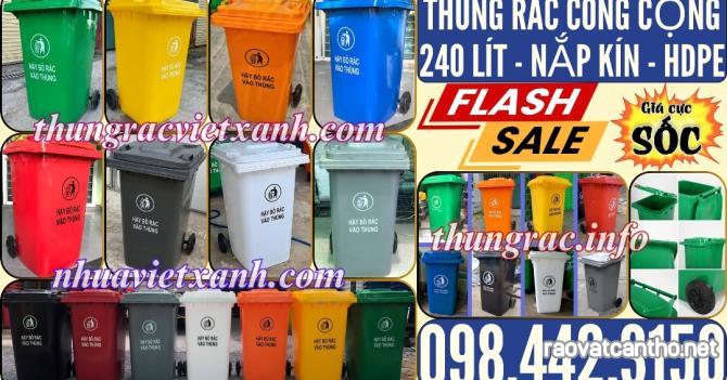 Thùng rác 240 lít nắp kín nhựa HDPE 2 bánh xe - nhiều màu sắc phân loại rác