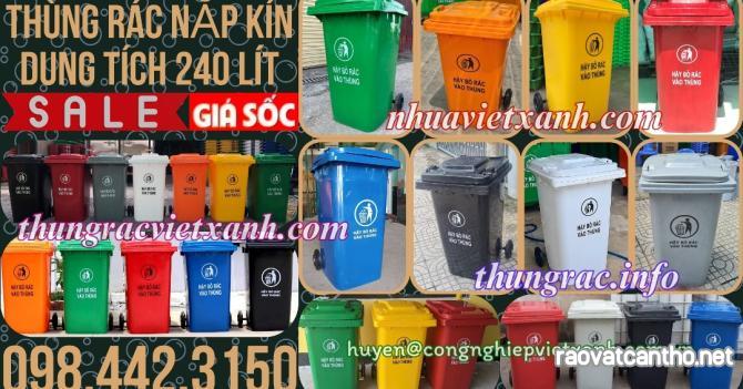 Thùng rác 240 lít nắp kín nhựa HDPE 2 bánh xe - nhiều màu sắc phân loại rác