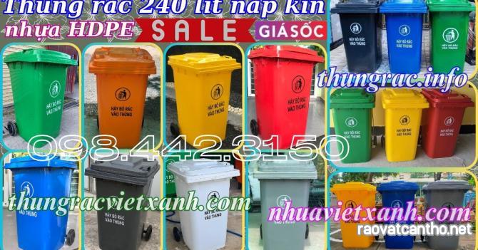 Thùng rác 240 lít nắp kín nhựa HDPE 2 bánh xe - nhiều màu sắc phân loại rác