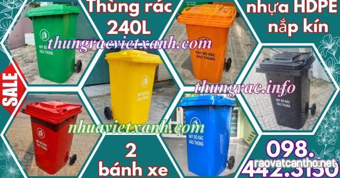 Thùng rác 240 lít nắp kín nhựa HDPE 2 bánh xe - nhiều màu sắc phân loại rác