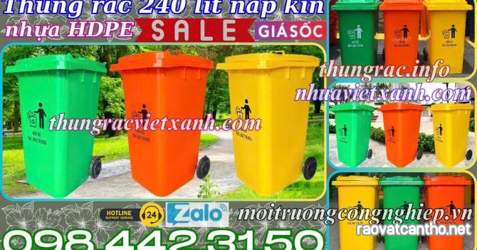 Thùng rác 240 lít nắp kín nhựa HDPE 2 bánh xe