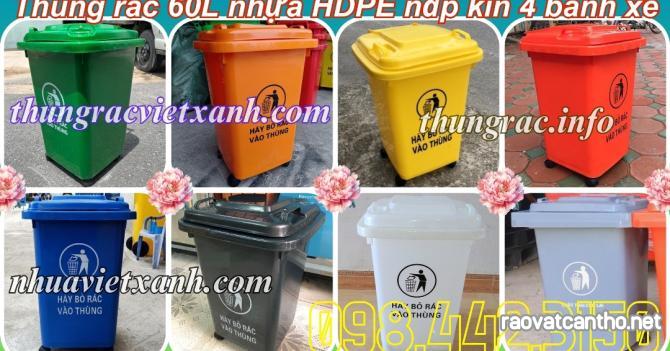 Thùng rác 60 lít nắp kín nhựa HDPE 4 bánh xe - nhiều màu sắc phân loại rác