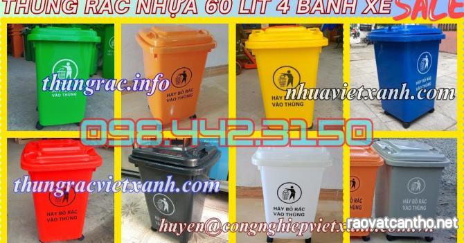 Thùng rác 60 lít nắp kín nhựa HDPE 4 bánh xe - nhiều màu sắc phân loại rác