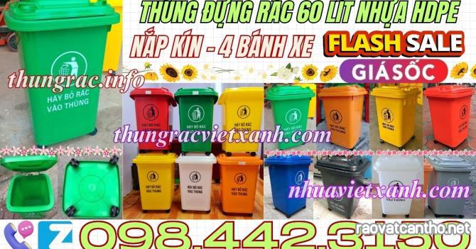 Thùng rác 60 lít nắp kín nhựa HDPE 4 bánh xe - nhiều màu sắc phân loại rác