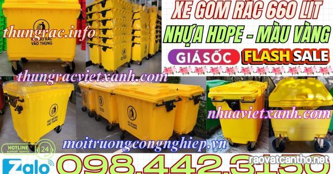 Thùng rác 660 lít nhựa HDPE 4 bánh xe - màu vàng