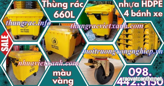 Thùng rác 660 lít nhựa HDPE 4 bánh xe - màu vàng