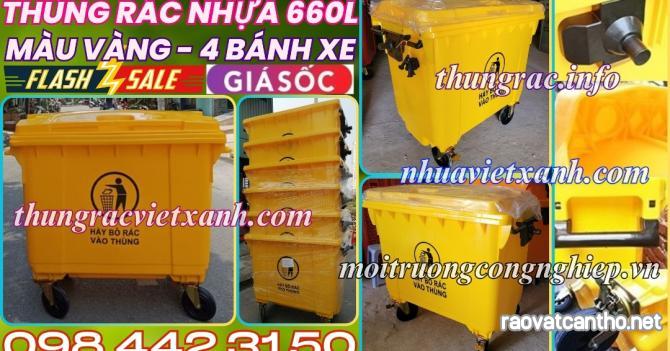 Thùng rác 660 lít nhựa HDPE 4 bánh xe - màu vàng