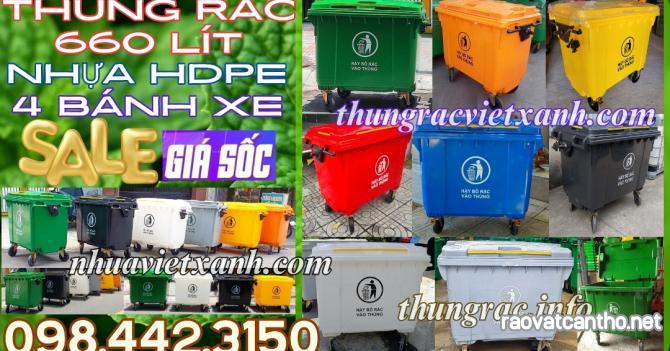 Thùng rác 660 lít nhựa HDPE 4 bánh xe nhiều màu - phân loại rác