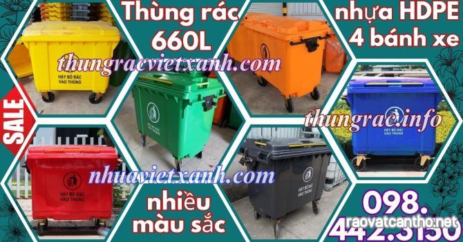 Thùng rác 660 lít nhựa HDPE 4 bánh xe nhiều màu - phân loại rác