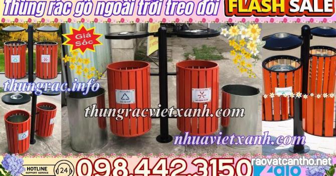 Thùng rác gỗ treo đôi cọc sắt ngoài trời - thùng rác treo đôi gỗ