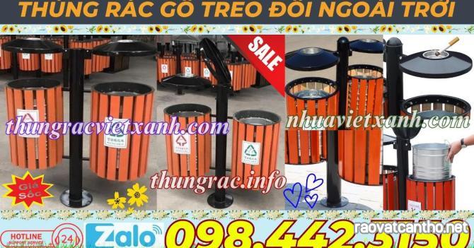 Thùng rác gỗ treo đôi cọc sắt ngoài trời - thùng rác treo đôi gỗ