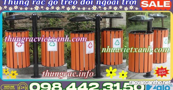 Thùng rác gỗ treo đôi cọc sắt ngoài trời - thùng rác treo đôi gỗ