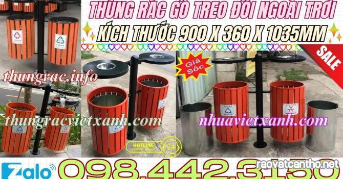 Thùng rác gỗ treo đôi cọc sắt ngoài trời - thùng rác treo đôi gỗ