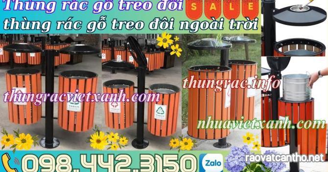 Thùng rác gỗ treo đôi cọc sắt ngoài trời - thùng rác treo đôi gỗ