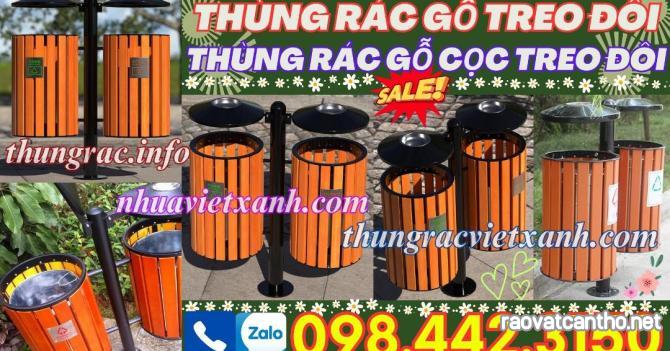 Thùng rác gỗ treo đôi cọc sắt ngoài trời - thùng rác treo đôi gỗ