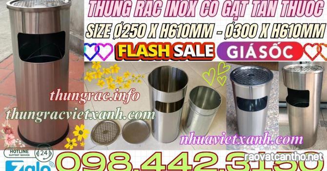 Thùng rác inox gạt tàn thuốc hình tròn KT 250x610mm - 300x610mm