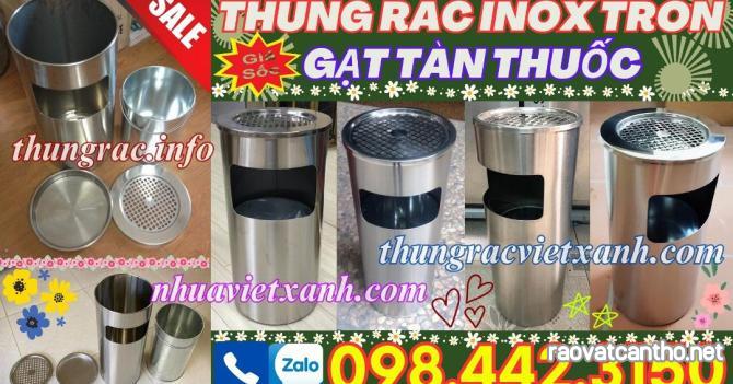 Thùng rác inox gạt tàn thuốc hình tròn KT 250x610mm - 300x610mm