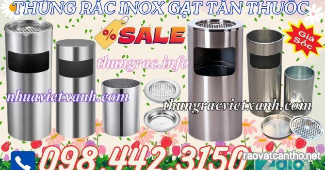 Thùng rác inox gạt tàn thuốc hình tròn KT 250x610mm - 300x610mm