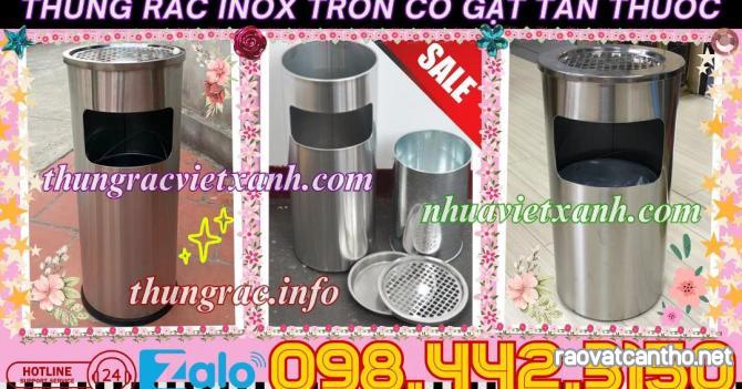 Thùng rác inox gạt tàn thuốc hình tròn KT 250x610mm - 300x610mm