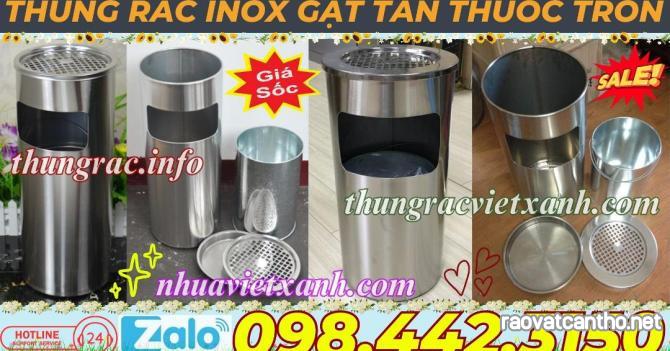 Thùng rác inox gạt tàn thuốc hình tròn KT 250x610mm - 300x610mm