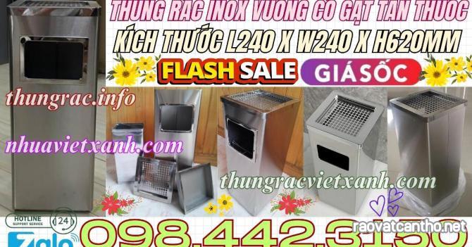 Thùng rác inox gạt tàn thuốc vuông kích thước 240x240x620mm