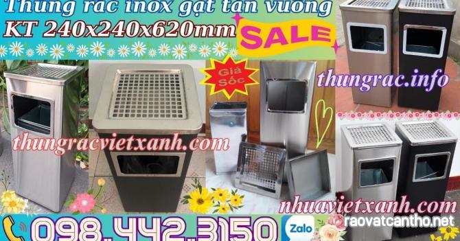 Thùng rác inox gạt tàn thuốc vuông kích thước 240x240x620mm