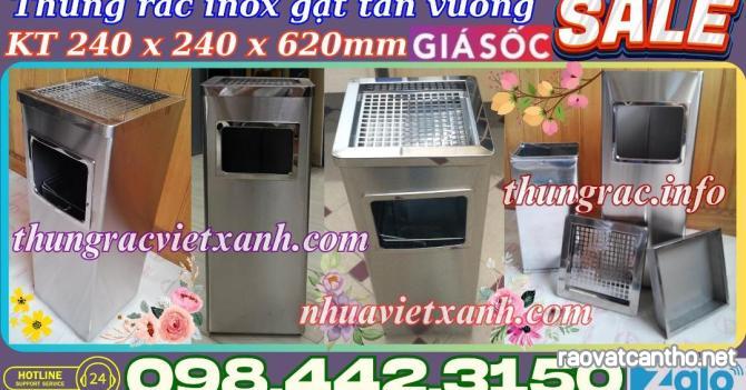 Thùng rác inox gạt tàn thuốc vuông kích thước 240x240x620mm